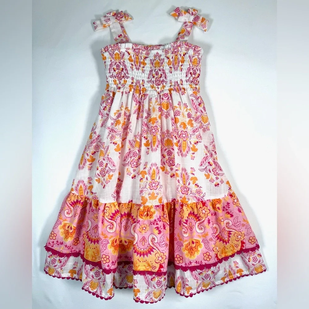 HAUTE HIPPIE Girls’ Paisley Floral Bohemian Tiered Smocked Sundress Preppy 4